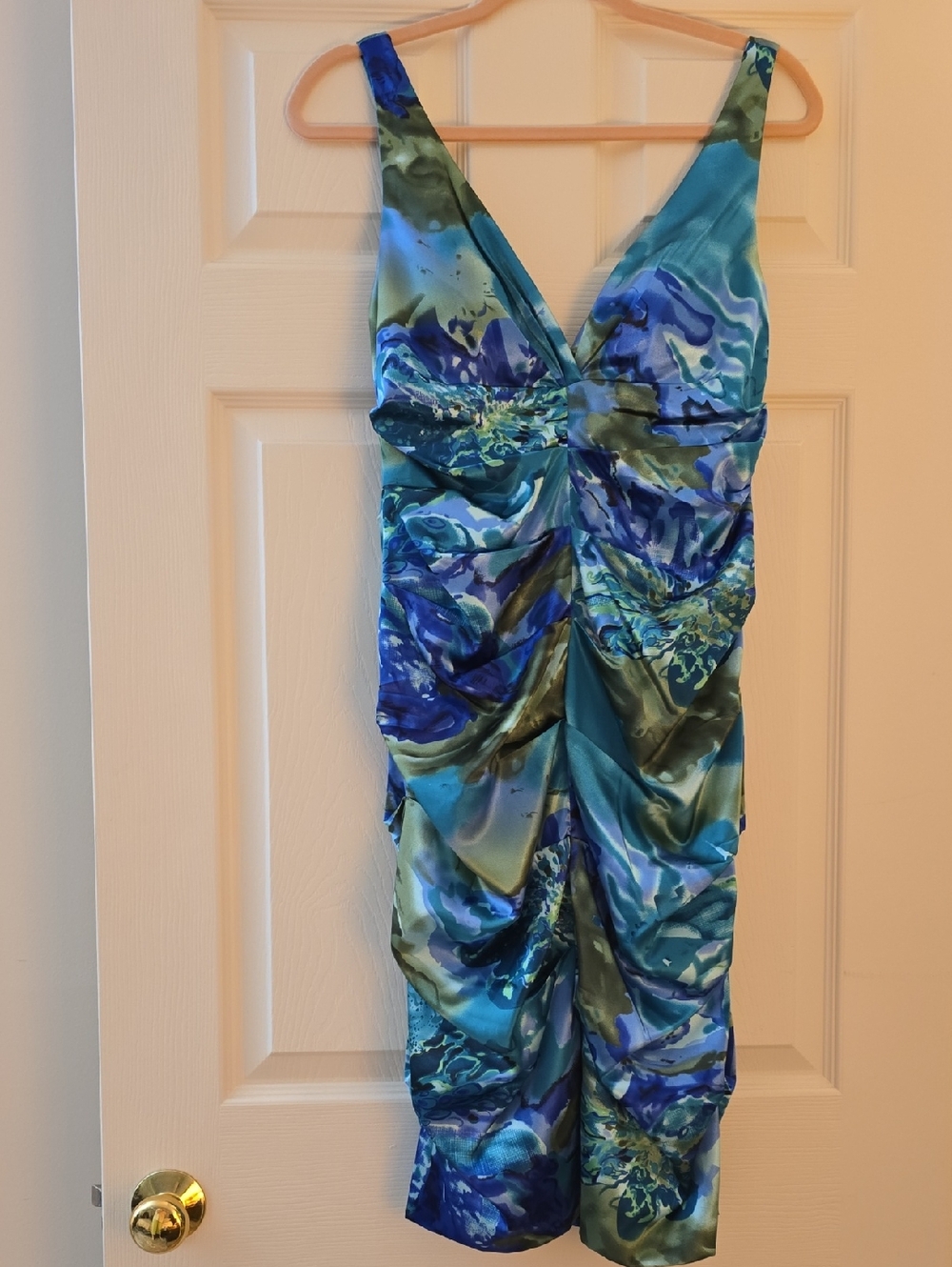 Xscape Blue & Green V-Neck Dress Size 10